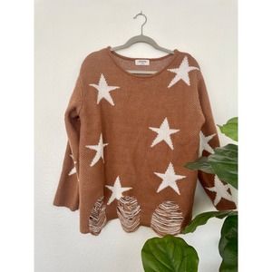 Women's Zenana Size Medium Tan Brown Distressed Star Sweater